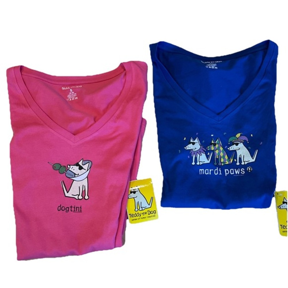 Teddy The Dog Women's 4X (26-28) Lot Of 2 Shirts Dogtini Mardi Paws Curvy V-neck